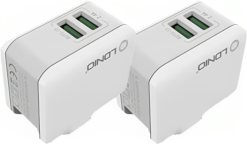 Ldnio A2203 High Quality EU Plug Fast Travel Charger LED Display Dual USB Port 12W With Lightning USB Cable - White