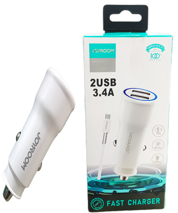 Joyroom 3.1A Dual-Port Fast Car Charger With Type C USB Cable White