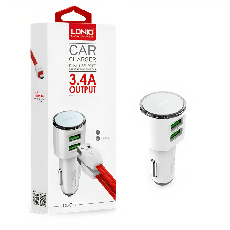 Lonid  DL-C29 High Quality Fast Car Charger Dual USB Port 3.4A With Micro Cable - White